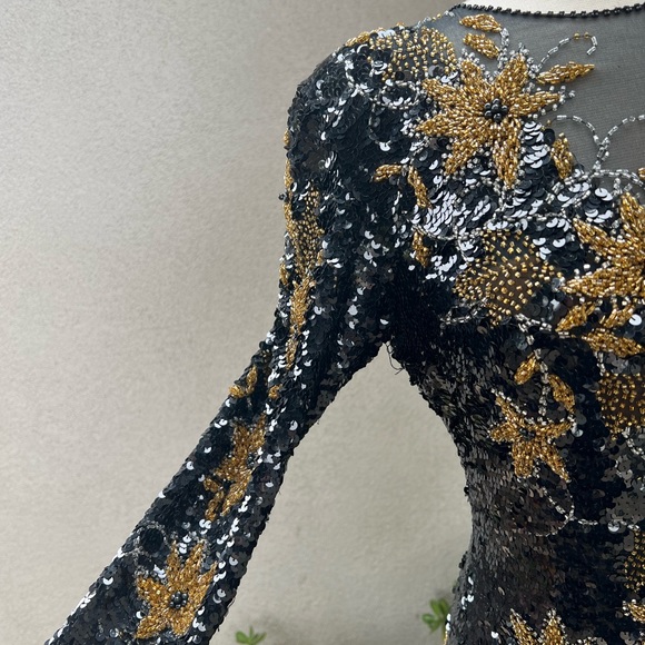 Vintage Sho Max gorgeous beaded sequins dress black bronze floral Sz M - Picture 6 of 12